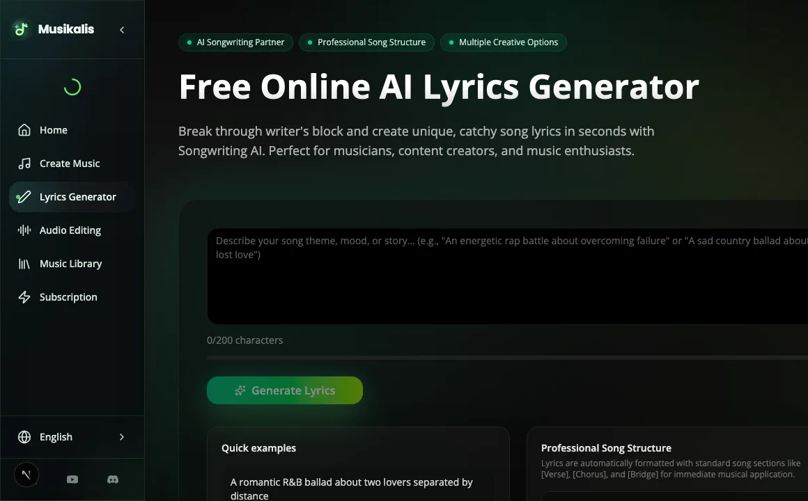 Musikalis AI Lyrics Generator with topic input, writing area, and lyric controls