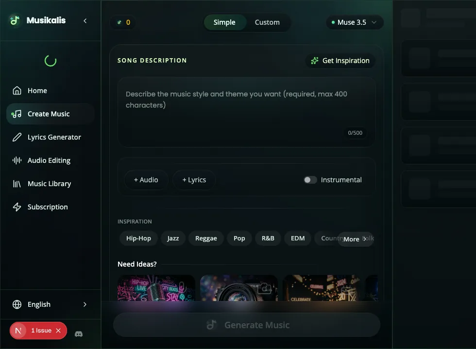 Musikalis AI Music Generator interface with prompt input and style controls