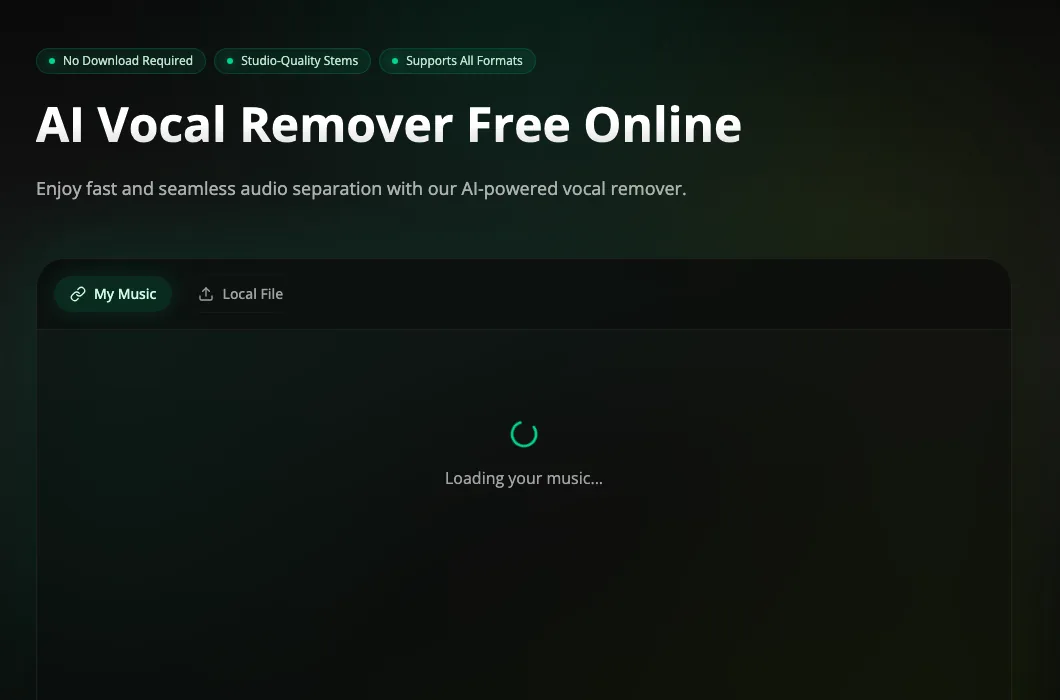 Musikalis Vocal Remover page with separation workspace and source tabs