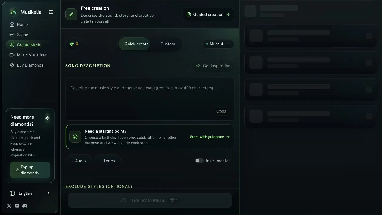 Musikalis AI music generator with prompt, lyrics and model controls