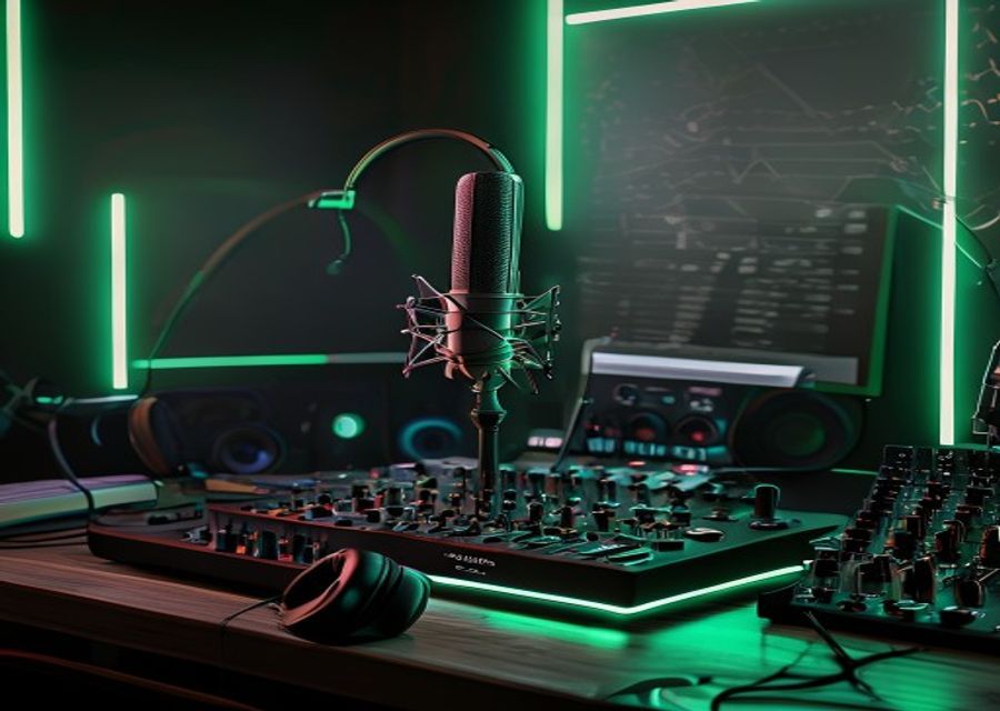 Creator studio with microphone, mixer, and music production desk