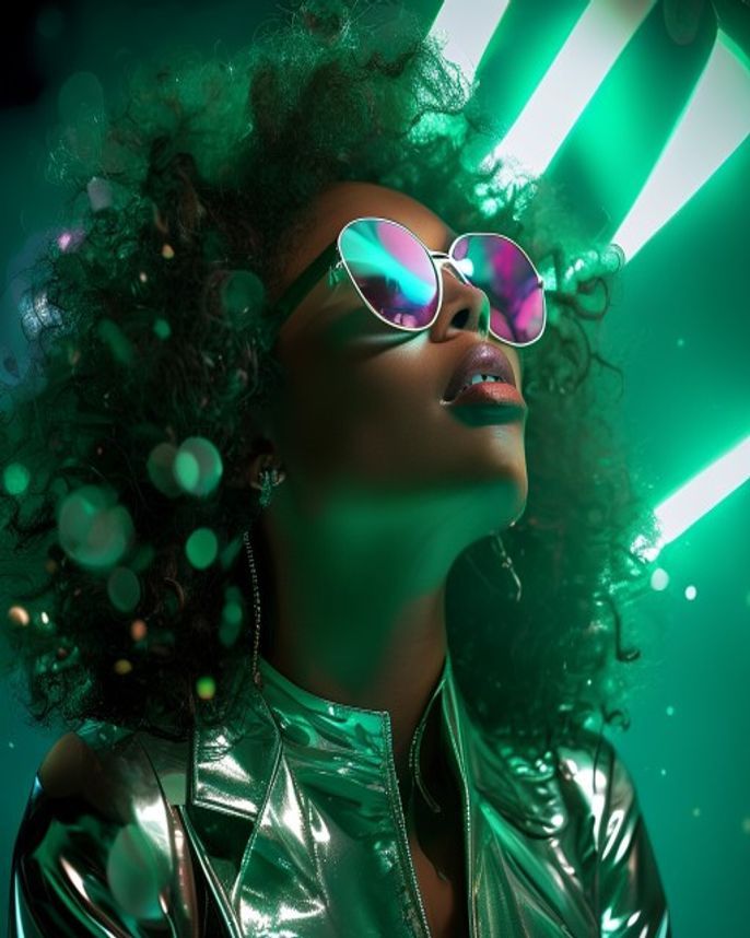 AI music creator under emerald stage lights
